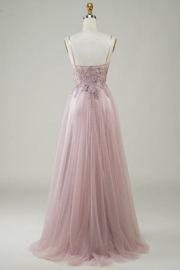 Sparkly Blush A-Line Tylle Long Prom Dress med blonder